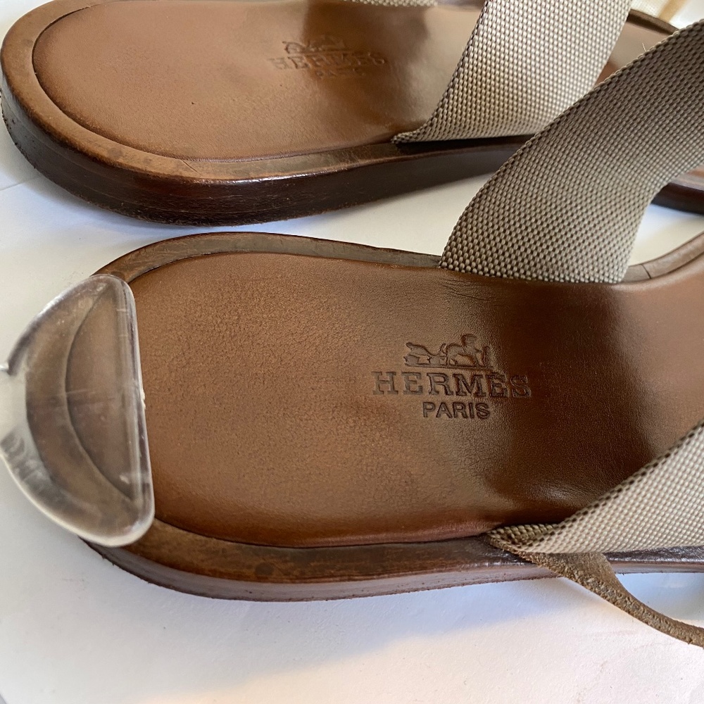 Hermes brown leather fabric thong sandals mules flats $1400 slip-on size 37-7 - Picture 2 of 8